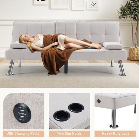 HAOMARKETS Futon Sofa Bed with USB Charging Port, Convertible Futon Couch with 2 Cup Holders,Modern Folding Loveseat Sleeper Couches for Small Spaces, Living Room, White HAOMARKETS