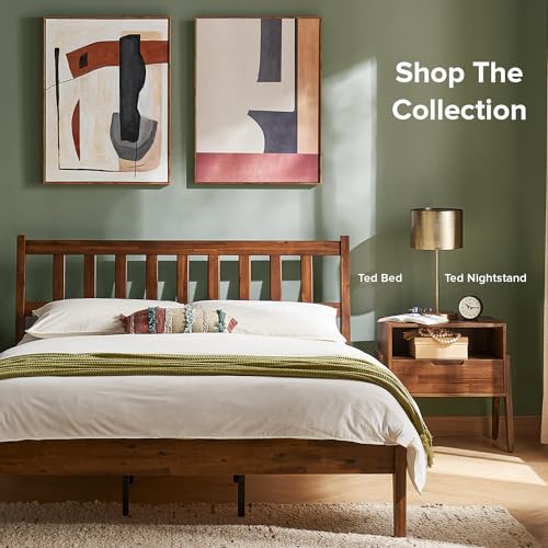 Ted Mid Century Modern Acacia Queen Bed Frame with Slatted Headboard and Double Metal Support - WoodArtSupply