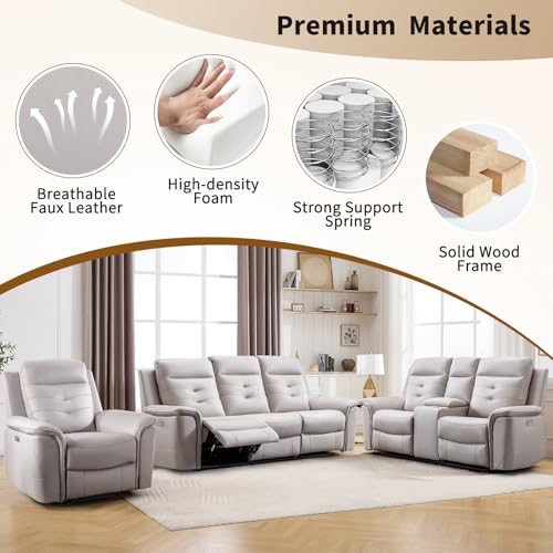 ANJ Power Recliner Chair for Adults with USB Charging, Breathable Faux Leather Oversized Electric Recliners, Single Overstuffed Heavy Duty Reclining Sofa Chairs for Living Room, Beige
