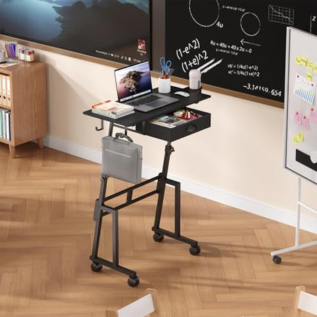 Adjustable Height Standing Desk with Drawer, Rolling Sit to Stand Up Desk with Wheels Height 31.5"-43.3" Small Mobile Laptop Standing Desk for Treadmill Walking Pad, Movable Classroom Podium (Black) Honkazita