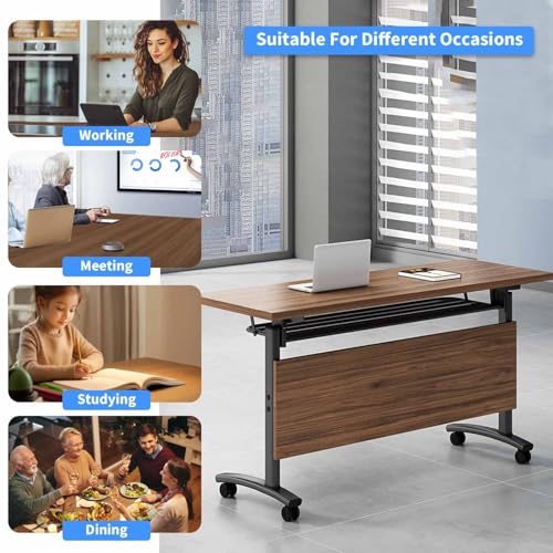 Folding Conference Room Tables,55" Flip Top Seminar Conference Tables,Foldable Meeting Table with Silent Wheels,Office Rolling Modular Meeting Room Table Mobile Training Tables (Walnut, 4 pack) Vlemkk