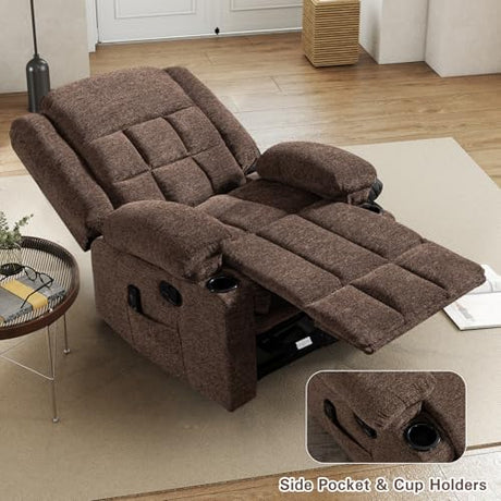 EBELLO Manual Recliner Chair for Adults with Vibration Massage and Lumbar Heating, Soft Fabric Recliner Single Sofa for Living Room with Side Pocket and Two Cup Holders, Brown EBELLO