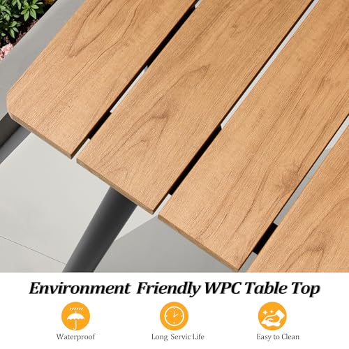 VredHom 95" Patio Outdoor Dining Table for 8-10, Weather-Resistant Wood-Grain Top with Aluminum Frame & Umbrella Hole for Deck Gatherings, Brown VredHom