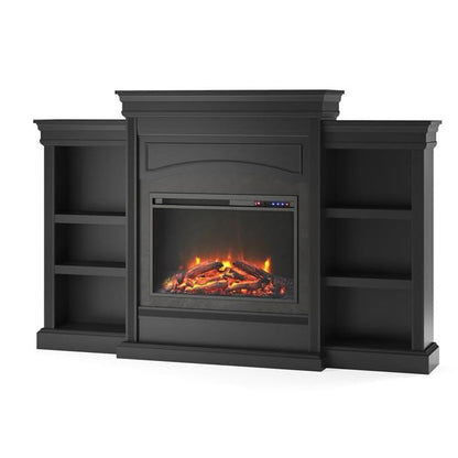 Ameriwood Home Lamont 69 Inch Electric Fireplace with Mantel, Shelves, Replaceable Fireplace Insert Heater, Remote Control, Timer, Realistic Log and Flame Effect, For Living Room or Bedroom, Black