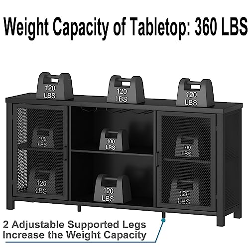 Launica Black Wine Bar Cabinet, Coffee Bar Cabinet with Storage, Farmhouse Kitchen Buffet Cabinet with Rack for Liquor and Coffee, Industrial Wine Cabinet for Home Living Dining Room, Black Oak, 55 In Launica