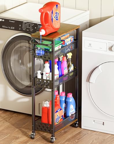 OKZEST Rolling Slim Storage Cart, 4-Tier Narrow Bathroom Organizers and Storage Cart, Metal Narrow Kitchen Laundry Room Organization Shelf with Wood Top, Slim Utility Cart with Wheels for Small Space OKZEST