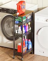 OKZEST Rolling Slim Storage Cart, 4-Tier Narrow Bathroom Organizers and Storage Cart, Metal Narrow Kitchen Laundry Room Organization Shelf with Wood Top, Slim Utility Cart with Wheels for Small Space OKZEST