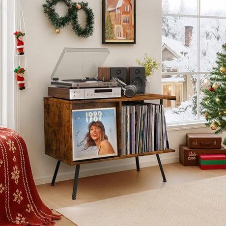 Faesun Flip Top Record Player Stand, Large Record Player Table with Open Storage Holds up to 150+ Albums, Mid Century Turntable Stand, Stereo Cabinet for Speakers, for Living Room, Bedroom, Rustic Faesun