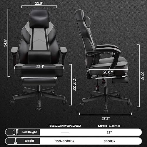 Meilocar Gaming Chair for Adult, Computer Chair with Footrest Video Game Chair Big and Tall Gaming Chair with Massage Lumbar Support, Adjustable Height and 360° Swivel Seat(Grey) Meilocar