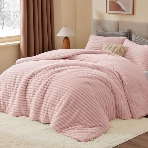 BEDELITE Fleece Full Comforter Set -Super Soft & Warm Fluffy Pink Bedding, Luxury Fuzzy Heavy Bed Set for Winter with 2 Pillow Cases BEDELITE