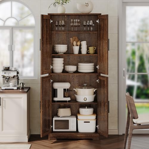 GarveeLife 70" Tall Kitchen Pantry,Farmhouse Storage Cabinet with Adjustable Shelves,Farmhouse Pantry Cabinet with 4 Barn Doors, for Kitchen,Dining Room,Living Room.(Rustic Brown) GarveeLife