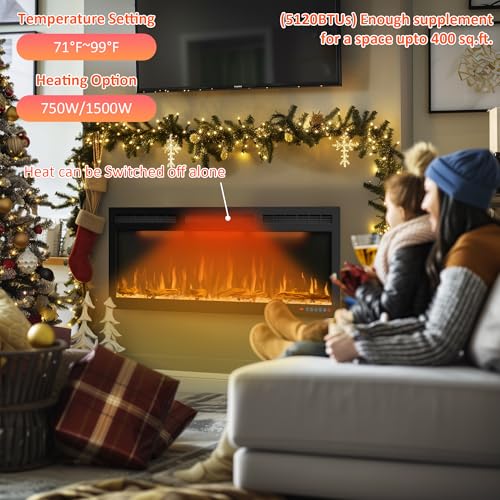 60 inches Electric Fireplace, Recessed and Wall Mounted Fireplace Heater and Linear Fireplace Inserts, with Timer, Remote Control, Adjustable Flame & Light Colors, 750W/1500W, Black Dreamflame