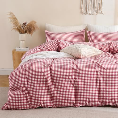 TOCOMOA Red Gingham Duvet Cover Bedding Set 100% Washed Cotton Like Linen Feel Super Soft Comfortable 3 Piece Cute Plaid Checkered Comforter Cover Set (Queen 90"x90", Comforter Not Included) TOCOMOA