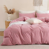 TOCOMOA Red Gingham Duvet Cover Bedding Set 100% Washed Cotton Like Linen Feel Super Soft Comfortable 3 Piece Cute Plaid Checkered Comforter Cover Set (Queen 90"x90", Comforter Not Included) TOCOMOA