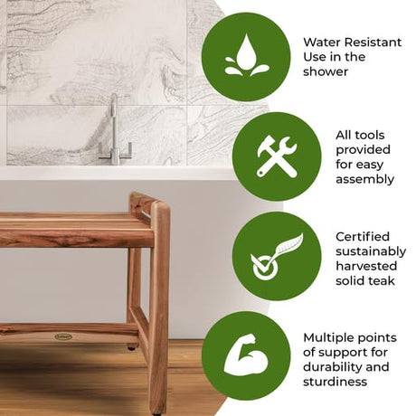 EcoDecors, Eleganto, 20", Teak Shower Bench, Teak Shower Stool, Safety Arms, Shower Seat, Teak Shower Seat, Shower Transfer Bench, Teak Shower for Inside Shower EcoDecors