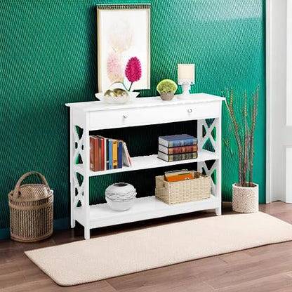 Yaheetech Console Table with Drawer, 3-Tier Entryway Table with Storage Shelves, Wood Narrow Sofa Table for Entryway/Hallway/Living Room, White