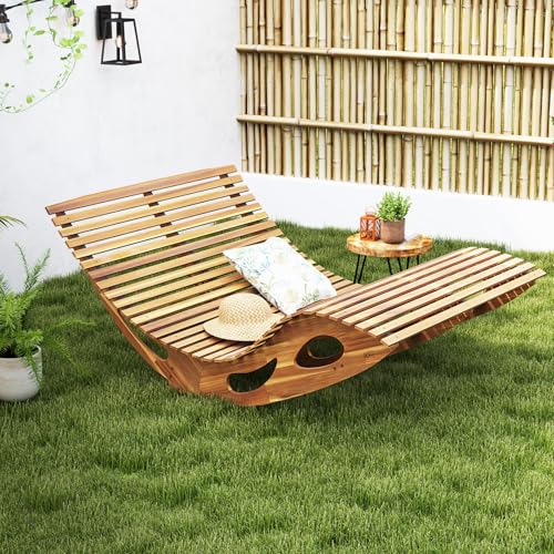 Tangkula Outdoor Double Chaise Lounge Chair, Acacia Wood Rocking Sunbed with Slatted Backrest and Seat, Wooden Loveseat Rocker for Patio, Garden and Poolside
