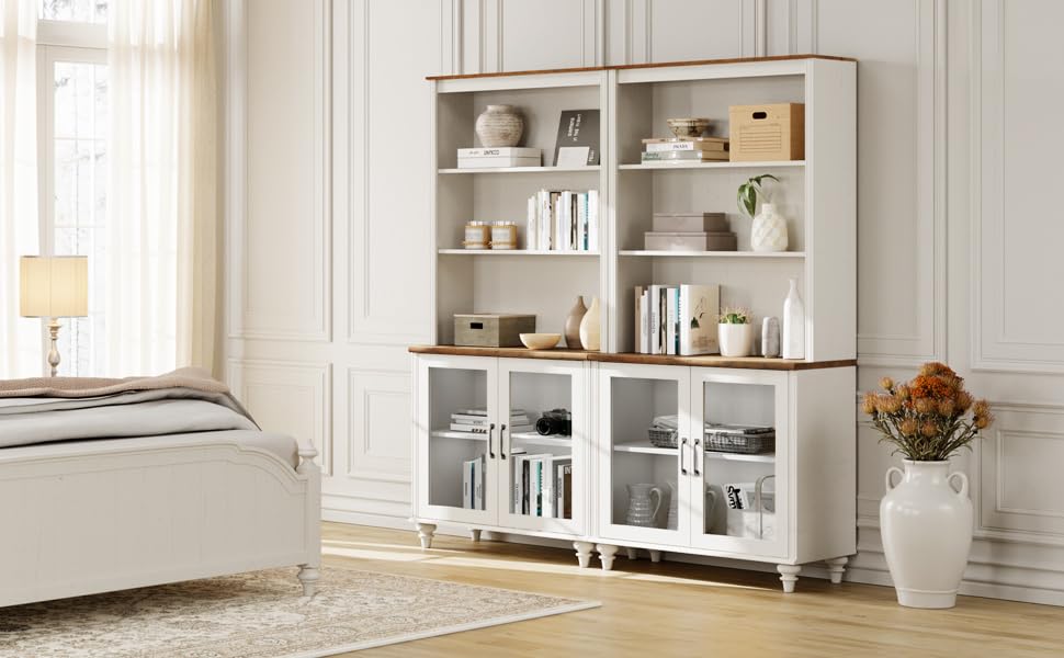 WAMPAT 72'' Tall Kitchen Pantry Cabinet with Storage, Farmhouse Glass Doors Pantry Storage with Bar Hutch and 5 Tier Shelve for Kitchen & Living Room & Bedroom, White WAMPAT