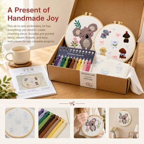 QIZUOLIFE 2Pcs Animal Embroidery Starter Kit for Adults, Koala & Puppies Pre‑Printed Embroidery Hoops Set, DIY Needlework Supplies with Step‑by‑Step Video Tutorials, Craft Gift for Beginners QIZUOLIFE