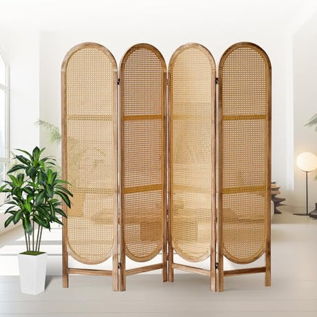 Asnefeli 4 Panel Room Divider, Double Hinged Foldable Wooden Room Divider, Individual Privacy Screen Made of Hand-Woven Rattan, Portable Wall Divider for Home Office Bedroom Bathroom (Natural) Asnefeli