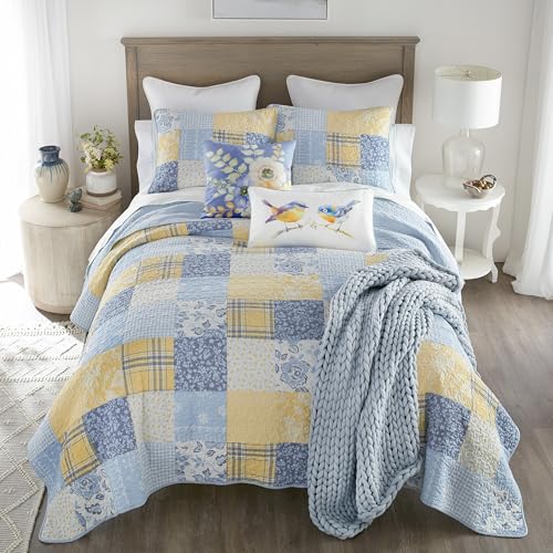 Donna Sharp Spring Flowers Summer Cotton Pieced Quilted Bedding Set - 3-Piece Queen Size Quilt Set - Includes 1 Quilt and 2 Pillow Shams - Machine Washable - Traditional Floral Design Donna Sharp