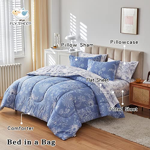 Flysheep Botanical Bed in a Bag Queen Size 7 Pieces, Reversible Blue and White Flower Printed Comforter Bedding Set (1 Comforter, 1 Flat Sheet, 1 Fitted Sheet, 2 Pillow Shams and 2 Pillowcases) Flysheep