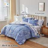 Flysheep Botanical Bed in a Bag Queen Size 7 Pieces, Reversible Blue and White Flower Printed Comforter Bedding Set (1 Comforter, 1 Flat Sheet, 1 Fitted Sheet, 2 Pillow Shams and 2 Pillowcases) Flysheep