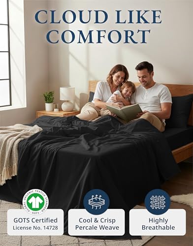 LANE LINEN 100% Organic Cotton Twin Bed Sheet Set, 3 Pc Twin Size Sheets Set, Soft & Breathable Twin Sheet Set Boys, Hotel Style Bedding Sheets & Pillowcases, 15" Deep Fitted Sheet - Black LANE LINEN