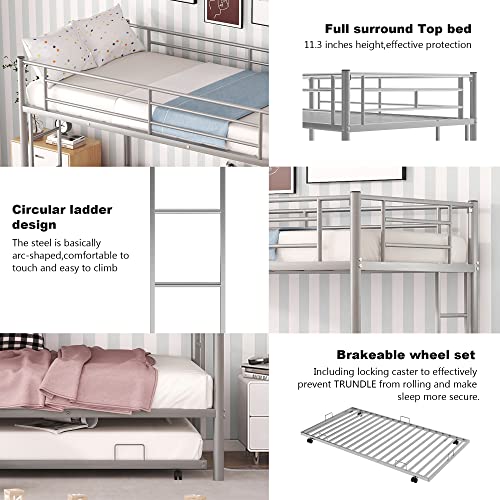 Merax Metal Bunk Bed Twin Over Twin Triple Bunk Bed with Twin Size Trundle, Grey Silver 642 Merax