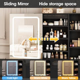 Makeup Vanity Desk with LED Lighted Sliding Mirror, Vanity Table with Jewelry Cabinet and 4 Drawers, Charging Station & Lots Storage Shelves, Adjustable Brightness, Dressing Table Cushioned Stool Set Vabches