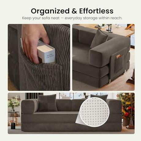 CUBENTE 78.8" Convertible Futon Sofa Bed,Corduroy Futon Couch with Storage Pocket,Folding Pull Out Sofa,No Assembly Boneless Couch for Living Room,Brown CUBENTE