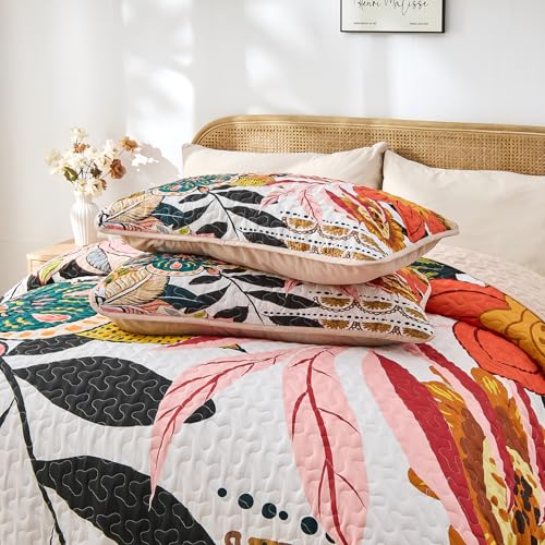 Pamnest Quilt Set Twin Size, Boho Floral 2 Pcs Soft Bed Cover Bedding Set, Mid Century Flowers Lightweight Bedspread Coverlet with Pillow Sham for All Season Pamnest