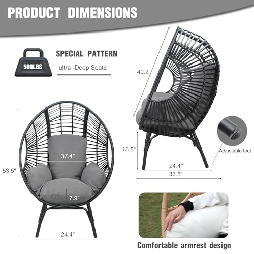 LUTINLIX Oversized Wicker Egg Chair Set of 2 Outdoor Indoor,Patio Lounge Chair with Thicken Cushions & Durable Steel Frame, Egg Basket Chair 500lbs Capacity for Garden, Backyard, Porch,Bedroom LUTINLIX