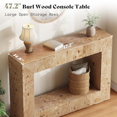 AMERLIFE 47.2" Burl Wood Console Table, Narrow Entryway Table with Storage, Modern Luxury Sofa Table for Living Room, Entrance, Hallway, Foyer & Office, Natural AMERLIFE