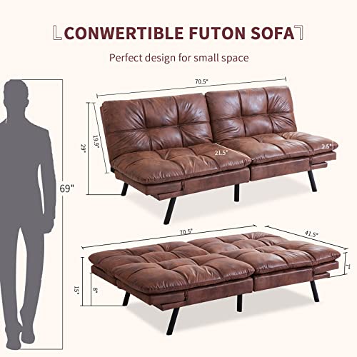 Opoiar Leather Futon Sofa Bed,Convertible Memory Foam Couch Bed,Futon Sets Daybed with Mattress Included,Folding Modern Sleeper Sofa Love seat for RV Car Living Room&Bedroom Small Space,Brown Opoiar