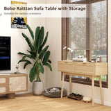 YMBSBUY Rattan Console Table with 2 Drawer, Boho Narrow Sofa Table Entryway Table, Wood Skinny Farmhouse Vanity Desk, Long Small Entry Table for Hallway, Entrance, Living Room, Bedroom, 40 inch, Oak YMBSBUY