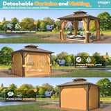 EROMMY 10' x 10' Hardtop Gazebo, Galvanized Steel Double Roof Gazebo with Aluminum Frame, Permanent Outdoor Metal Pavilion with Curtain and Netting for Patio, Lawn and Garden EROMMY