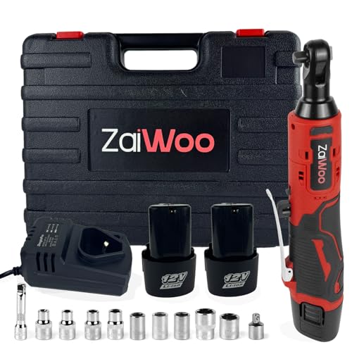 Zaiwoo Electric Ratchet Wrench 3/8", 40 ft-lbs 300 RPM, 12V Cordless Ratchet Wrench Set w/Variable Speed, Includes 2 Pack 2.0Ah Batteries and Charger, 3" Extension Bar, 9 Sockets, 1/3" to 1/4 - WoodArtSupply