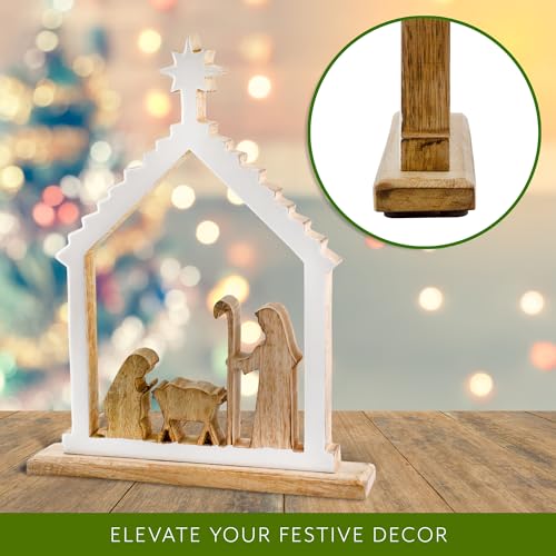 AuldHome Wood Enamel Nativity Scene, Rustic Mango Wood w/Enamel Christmas Decor Statue