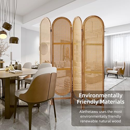 Aletheiawu 4 Panel Room Divider, 5.6 Ft Foldable Wood Room Divider Screen, Hand-Woven Rattan Folding Privacy Screens with Double Hinges, Wall Divider for Room Separation Bedroom Home Office - Natural Aletheiawu