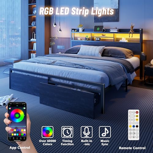 Furnulem King Bed Frame with Wood Headboard & Storage Drawers, Metal Platform Bed Frames King Size with LED Lights, Built in Charging Station, No Box Spring Needed, No Noise, Easy Assembly, Black Furnulem