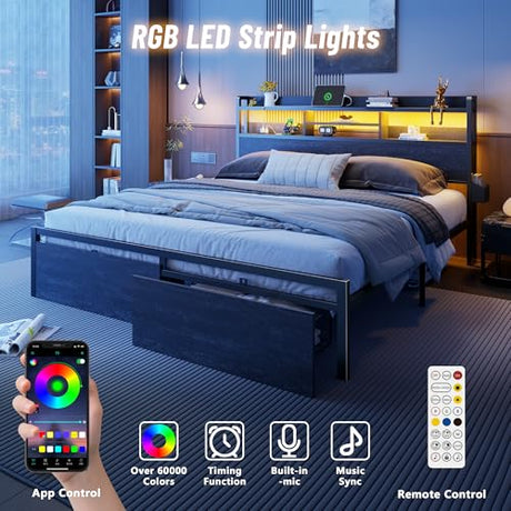 Furnulem King Bed Frame with Wood Headboard & Storage Drawers, Metal Platform Bed Frames King Size with LED Lights, Built in Charging Station, No Box Spring Needed, No Noise, Easy Assembly, Black Furnulem