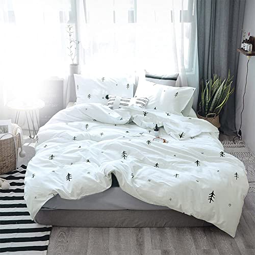BuLuTu Kids Duvet Cover Full Size Cotton White/Grey,Premium Boys Girls Bedding Sets Twin,Single Bed Comforter Cover Zipper Closure,Forest Tree Print Pattern,Super Soft,Breathable,No Comforter BuLuTu