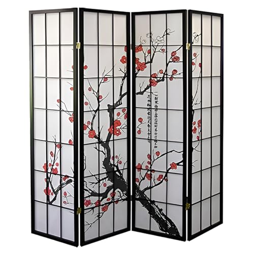 Legacy Decor 4-Panel Blossom Screen - Portable, Foldable Shoji Style Room Divider - Plum Blossom, Freestanding Room Privacy Dressing Screen - Temporary Wall Partition for Home, Office & Studio - Black Legacy Decor