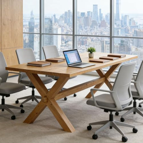 TRIBEWOOD 5.25 FT Solid Wood Conference Table for 4-6 People, Rectangle Meeting Seminar Table with Large Tabletop, Reinforced X-Shaped Legs and Crossbeams for Office Conference Room, Natural Wood TRIBEWOOD