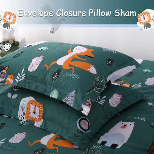 JSD Green Forest Animal Kids Duvet Cover Set Queen Size, 3 Piece Soft Printed Microfiber Comforter Cover with Pillow Sham Zipper Closure, Comforter Not Included JSD