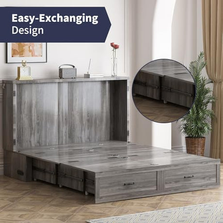 ZAFLY Murphy Bed Queen, Cabinet Bed with Tri-Folding Mattress, Hidden Guest Wall Beds with USB Charging Station & Storage Drawers, Modern Multifunctional Cabinet Murphy Beds, Saving Spaces - Grey ZAFLY