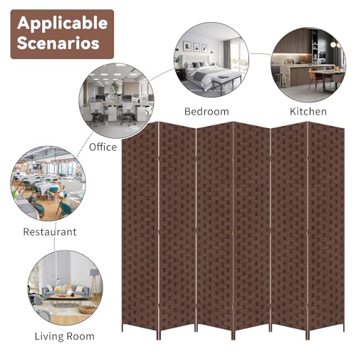 6 Panel Folding Portable Partition Screen ，71”high， Room Divider Wood Screen with Bamboo Mesh Woven Design Room Dividers Privacy Screens Dividers for Home Office Restaurant Bedroom, Brown RROCOSIA