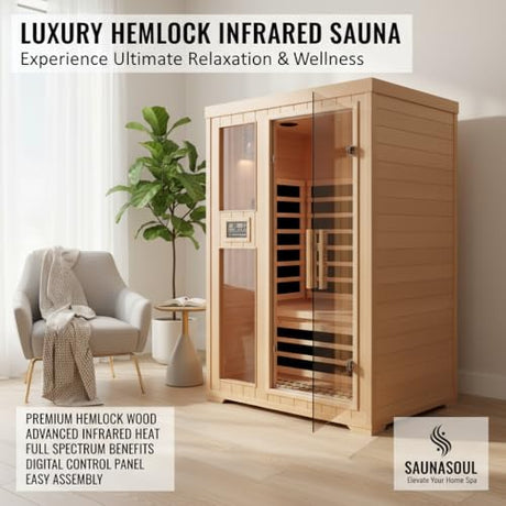 2-Person Infrared Sauna, Indoor Home Sauna Room Hemlock Wood Sauna Low EMF Far Infrared Heating with Tempered Glass Door Bluetooth Speakers, Chromotherapy Lights for Family（110V, 1850W）Truck delivery DWKWE