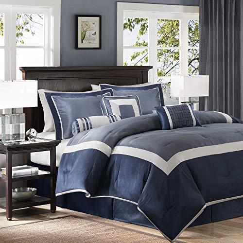Madison Park Cozy Comforter Set-Deluxe Hotel Collection, All Season Down Alternative Luxury Bedding with Matching Shams, Decorative Pillows, Cal King(104"x92"), Genevieve, Navy 7 Piece Madison Park